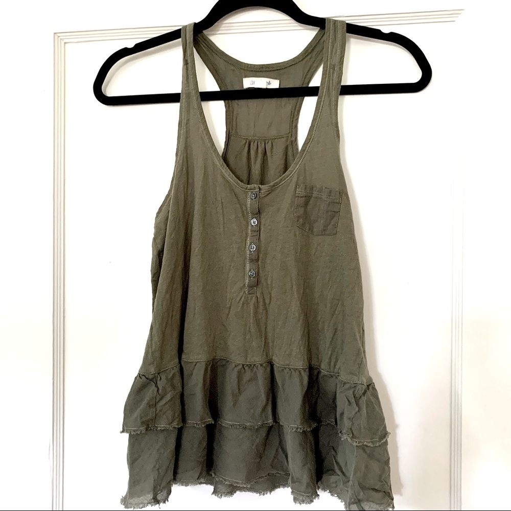 ✨ Aerie Olive Green Racerback Lightweight Tank with Ruffled Hem - XS